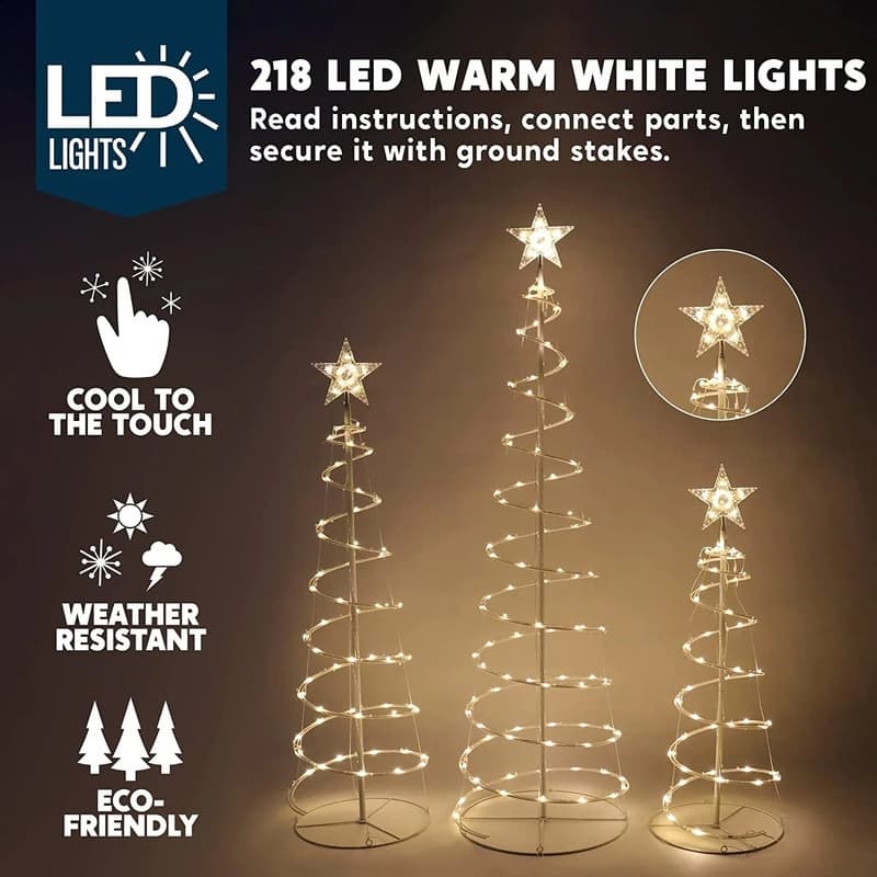 3, 4 & 5FT Tall Plastic Warm White LED Lighted Spiral Christmas Trees (Set of 3), Indoor Outdoor Christmas Decoration