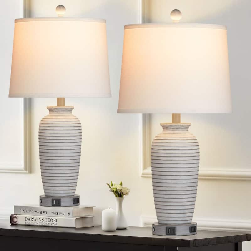 Set of 2 White Resin Table Lamps with 3-Way Dimmable Touch Control, USB/Type-C Ports, and AC Outlet - 13'' X 13'' X 25''
