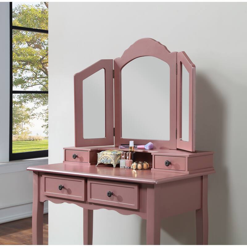 Wooden Vanity Table and Upholstered Stool Set, with 3-Panel Mirror and Ample Storage Drawers