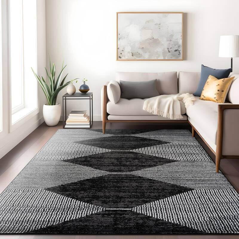 Beige Brown Geometric Stripe Stylish and Durable Area Rug - Black - 7' 10" x 10'