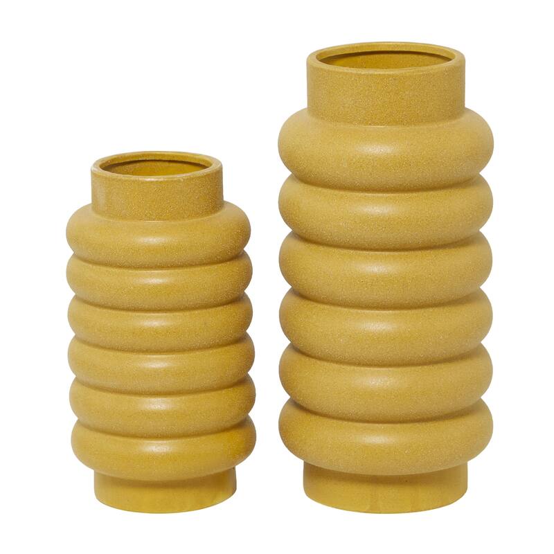 Ceramic Decorative Vase with Ring Ribbing - Set of 2 White, Yellow, Dark Blue - CosmoLiving by Cosmopolitan - Yellow - 16", 12"H
