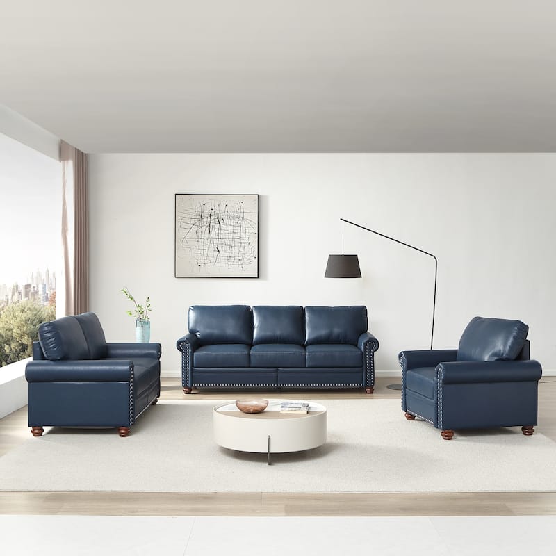 Classic Combination Sofa Set with Built In Storage and Nailhead Trim for Living Rooms and Guest Rooms - Navy Blue
