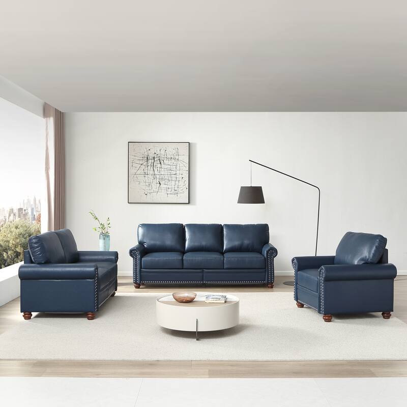 Multi Color PU Leather Sectional Sofa Set & Storage Couch, 1+2+3 Seat - Navy Blue
