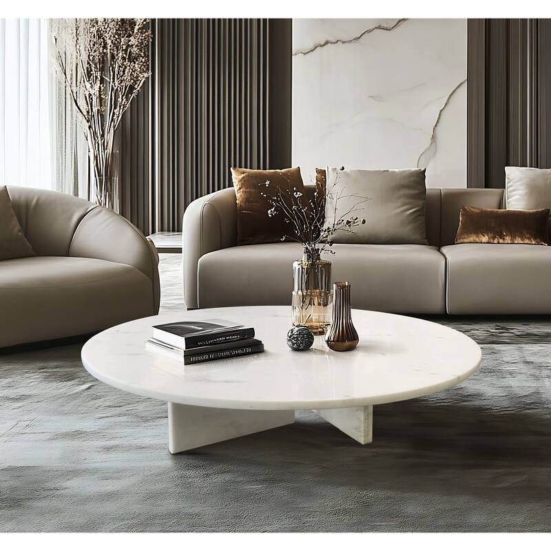 35.4" Natural Marble Stone Coffee Table - White+Natural