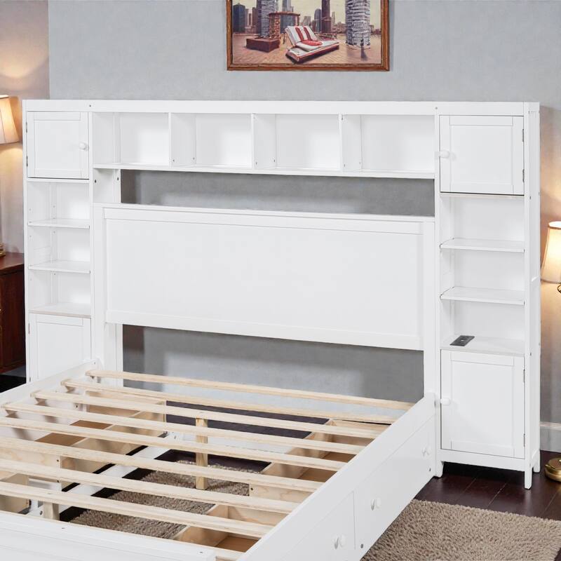 Queen Size Wooden Platform Bed with Storage Drawers, Shelves and Built-In Outlets, All-in-One Headboard Bed
