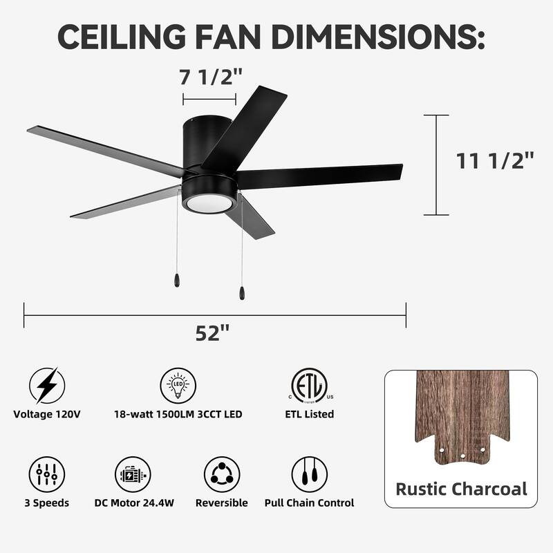 52 in. Indoor Flush Mount Ceiling Fan with 5 Blades & 18W 3CCT LED - 3 Finish Options, Pull Chain Control