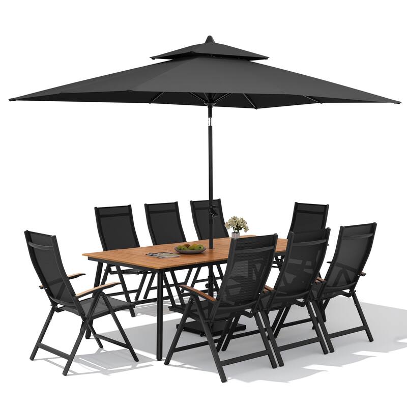 11PC Outdoor Patio Dining Set Aluminum Table with Folding Armchairs w/ Premium Market Umbrella Sets
