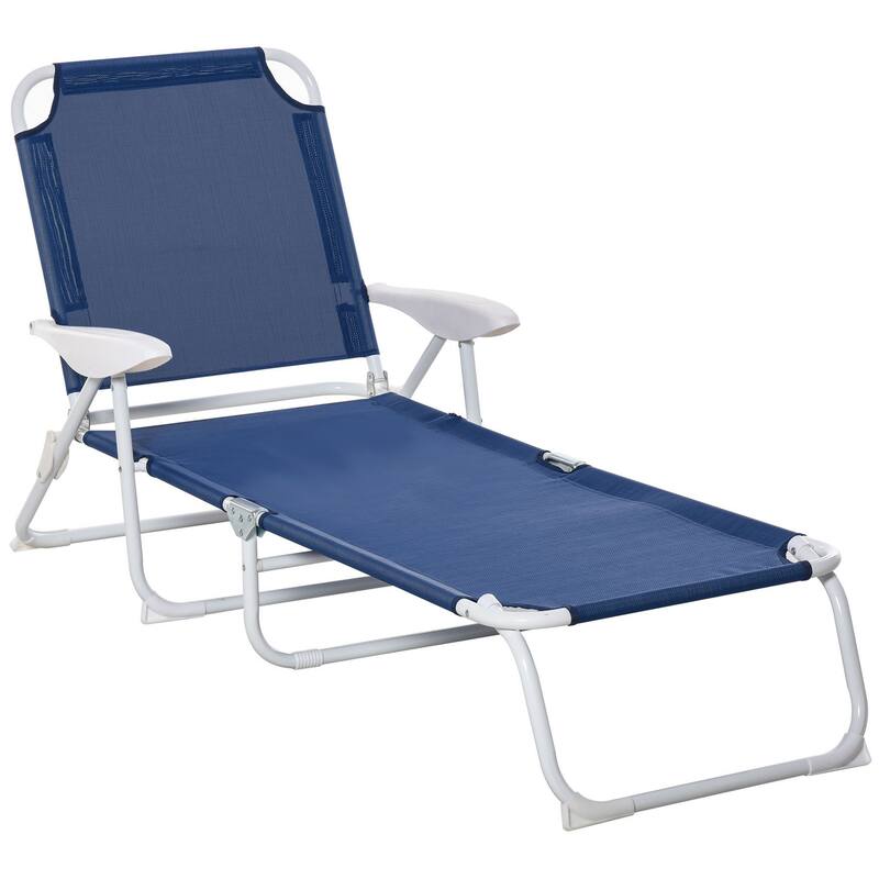 Folding Chaise Lounge, Outdoor Sun Tanning Chair, 4-Position Reclining Back, Armrests, Metal Frame and Mesh Fabric - Blue