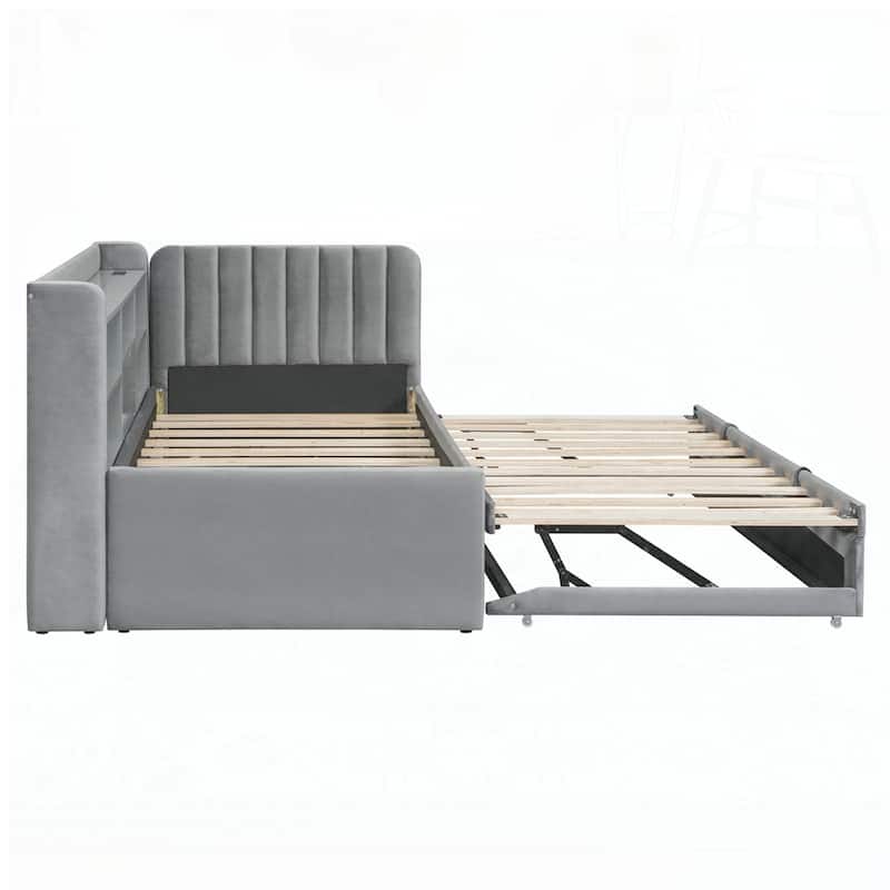 Upholstered Daybed with Trundle and Storage Shelves