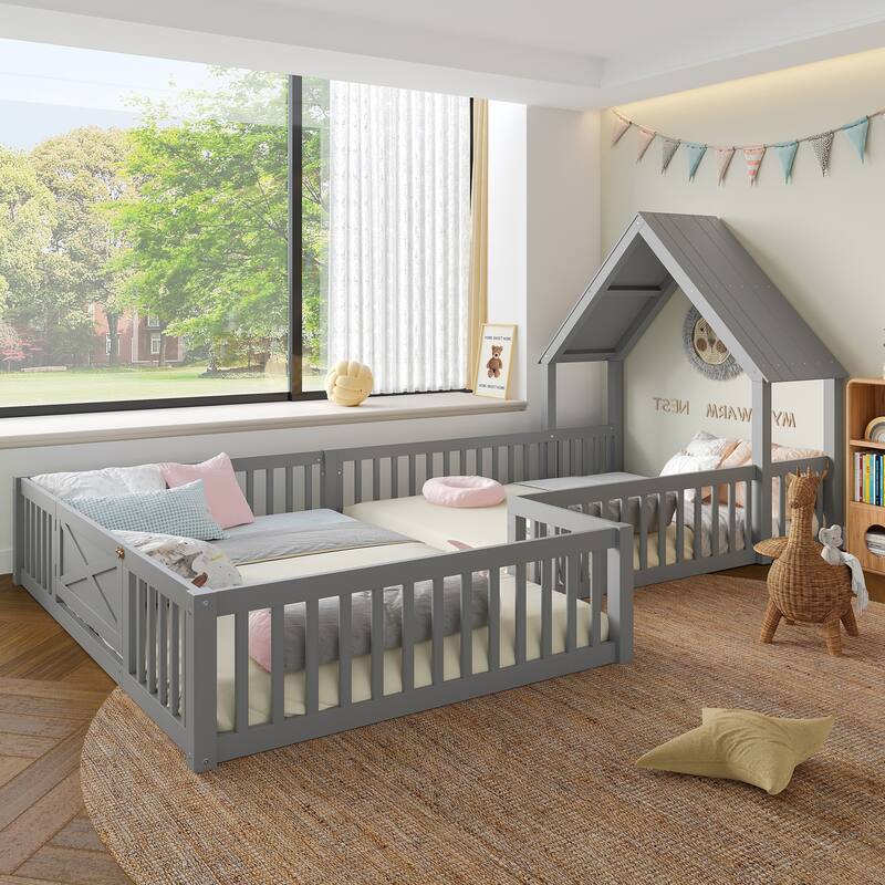 Modern House Floor Bed Frame, Double Floor Beds with Fence and Door