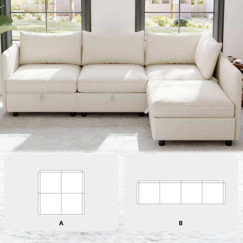 98.5" Chenille Modular Sectional Sofa with Storage and Convertible Design, 4-Seater