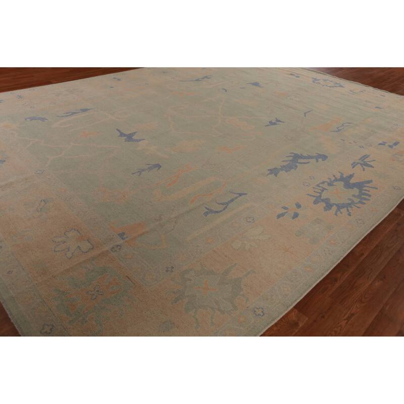 Hand Knotted Oriental 100% Wool Carpet Transitional All-Over Green Oushak Area Rug - 12' 4'' X 9' 3''