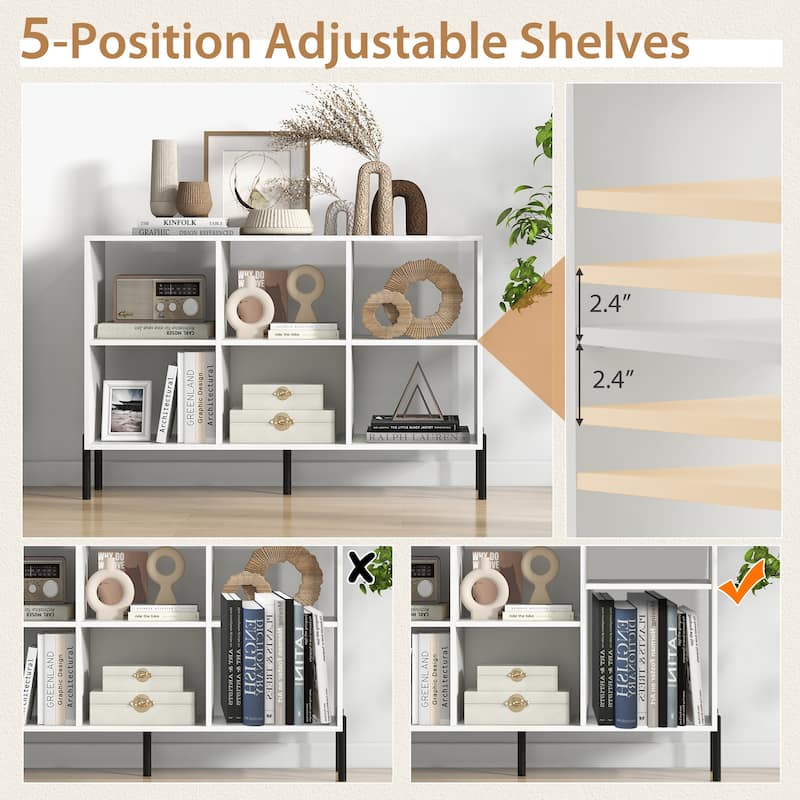 Modern Open Back Engineered Wood 6-Cube Bookshelf with 2 Adjustable Shelves and Metal Legs - 47" x 14" x 31.5" (L x W x H)