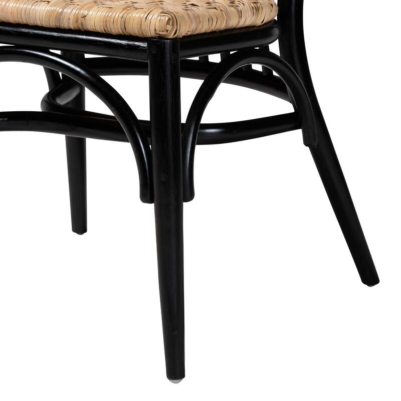 Parthenia Mid-Century Modern Two-Tone Black and Walnut Brown Finished Mahogany Wood and Natural Rattan Dining Chair