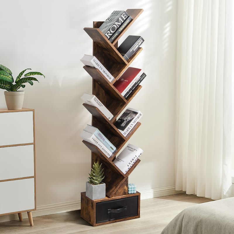 59" Tall Tree Design Bookshelf with 10 Open Shelves and Fabric Drawer for Small Spaces - 15'' x 8.5'' x 59'' (L x W x H)