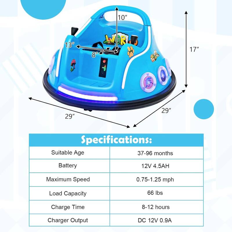 12V Children Remote Control Ride Bumper Cars W/ LED Lights & Music