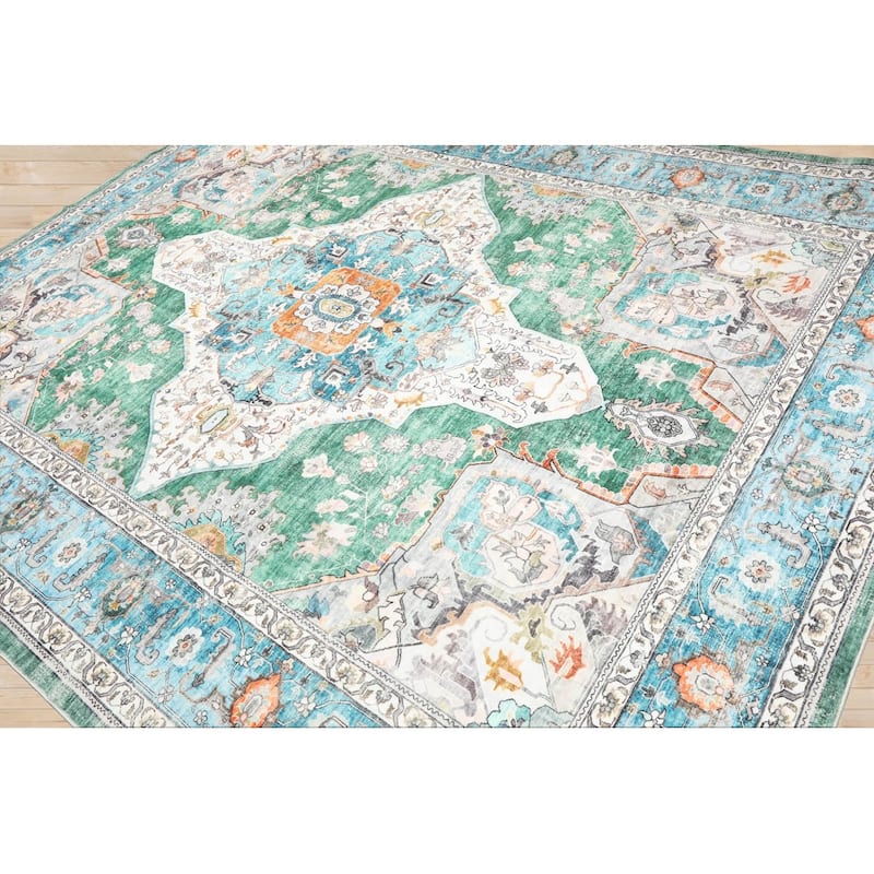 LoomBloom Washable Polyester Area Rug Green Arts & Crafts Machine Made