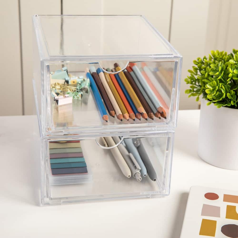 Martha Stewart Plastic Desktop Storage Box with Half Moon Opening Pullout Drawer - 2 Pack