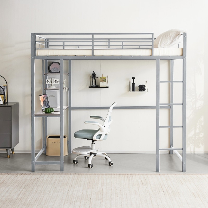 Twin Loft Bed Frame - Metal, Desk, Shelves, Ladders, Guardrails