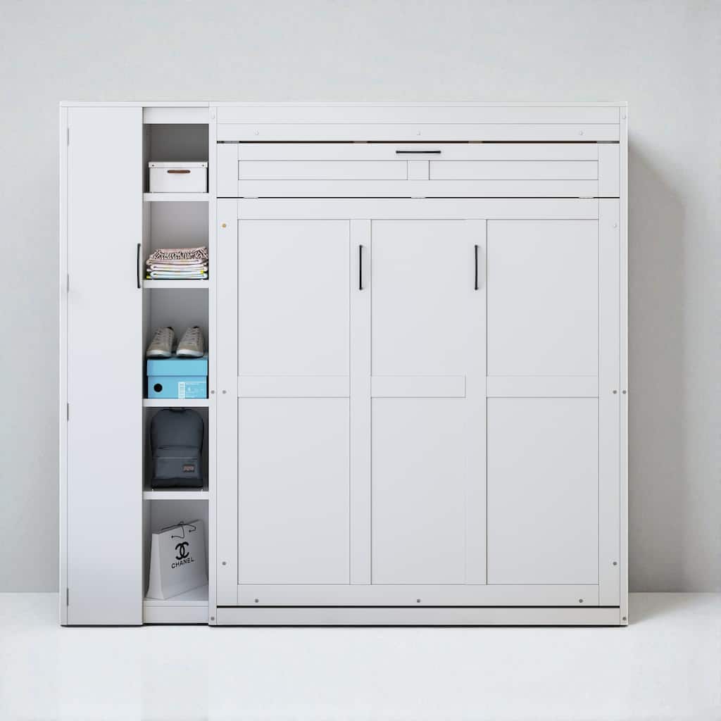 Full/Queen Size Murphy Wall Bed with Shelves, Wardrobe, LED Lights - Space-Saving Design