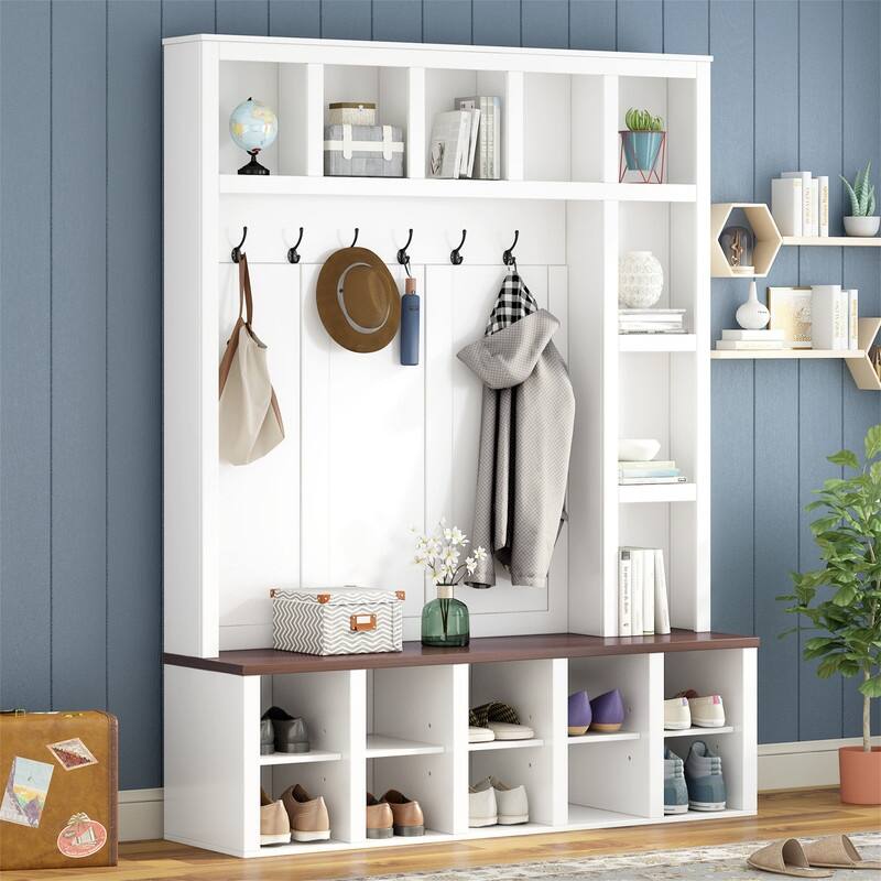 Farmhouse 4-in-1 Hall Tree with Shoe Cabinet, Entryway Storage Bench with 13 Cubbies, Coat Rack w/ Adjustable Shelves & 6 Hooks - White
