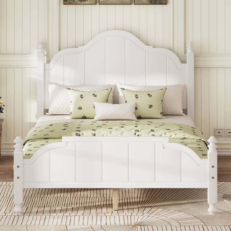 Full Size Platform Bed Frame with Vintage Headboard - White