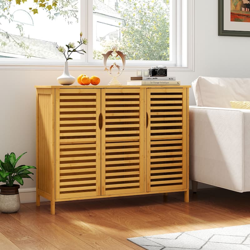 3-Door Natural Wicker Storage Cabinet with Adjustable Shelves for Bathroom, Kitchen or Dining Room - 39.5" x 14" x 31.5"