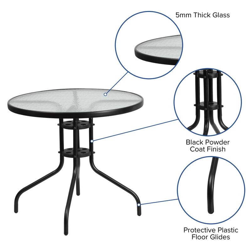 31.5" Round Tempered Glass Metal Table with Smooth Ripple Design Top