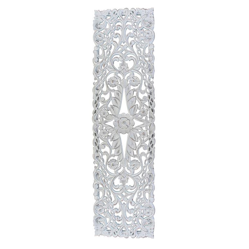 60 Inch Tall Decorative Panel, Carved Floral Vine Design, Mango Wood, White