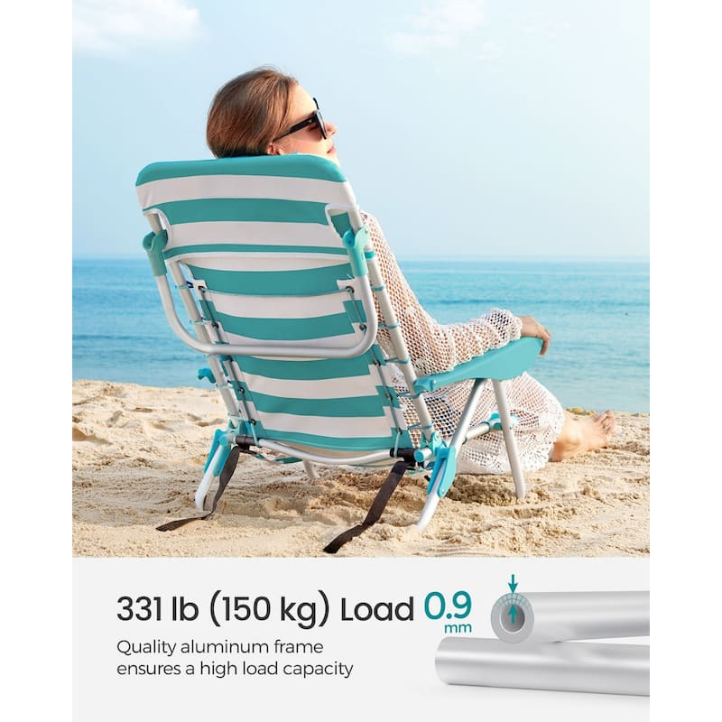 Folding Beach Chair with 4-Position Adjustable Backrest and Portable Low Seat Mesh Storage Pockets - 26.8"D x 24.8"W x 29.5"H