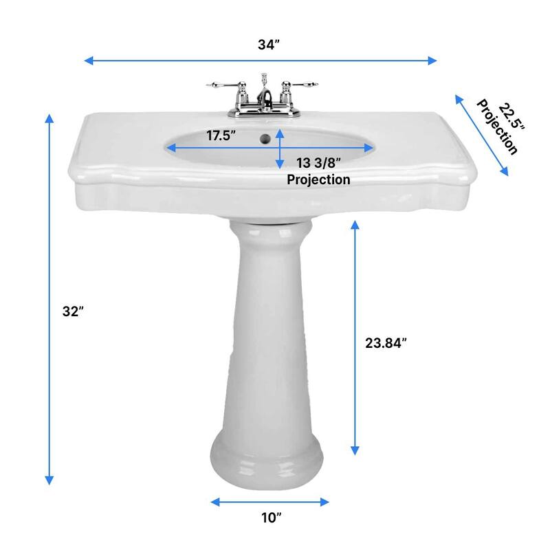White Pedestal Sink - Darbyshire 34" W with 4" Rose Gold Centerset Faucet, Sink Drain and Overflow Renovators Supply