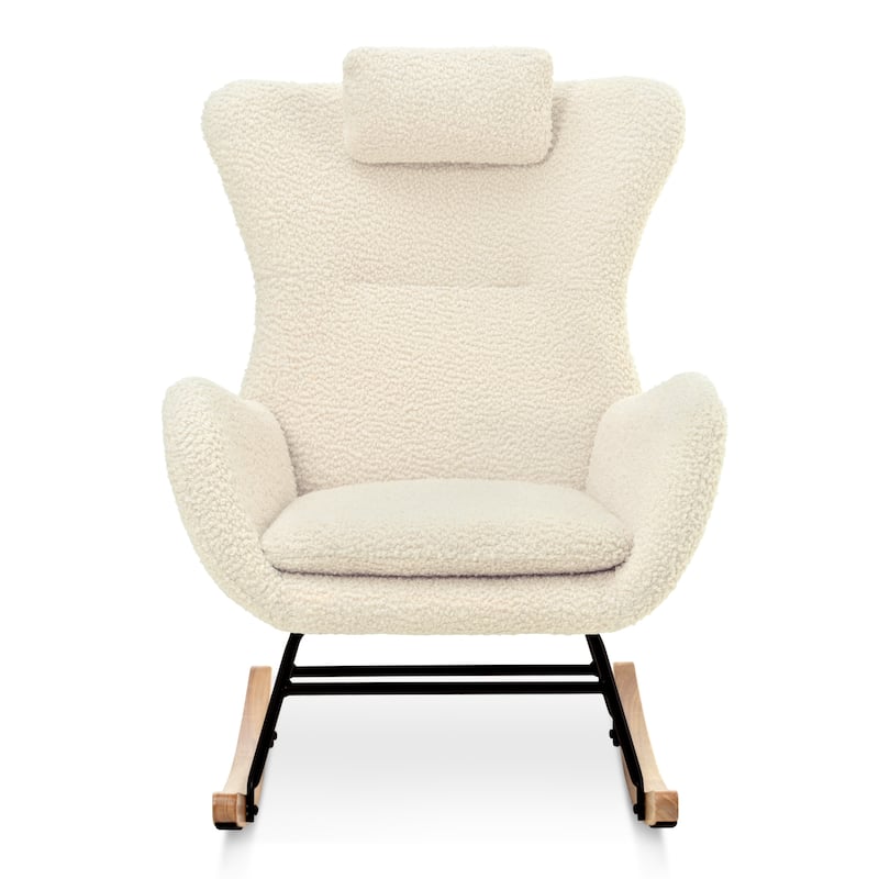 Teddy Upholstered Rocking Chair with High Back, Adjustable Headrest, Side Pocket, Modern Glider Chair for Nursery & Living Room