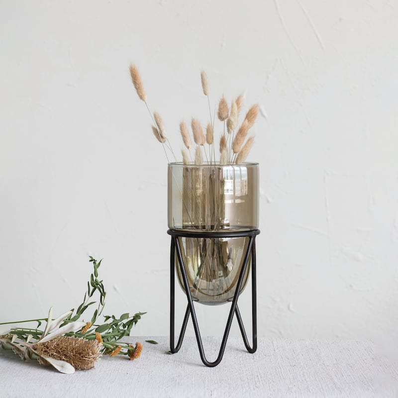 Glass Pillar Candle Holder with Metal Stand - 6.0"L x 6.0"W x 12.5"H