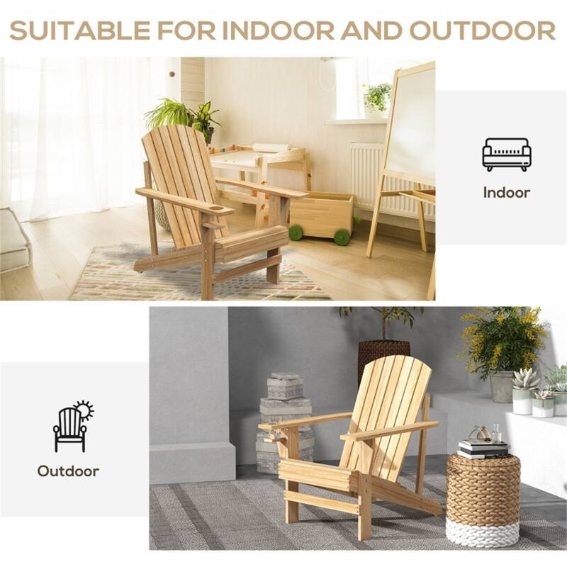 Comfortable Fir Wood Adirondack Chair with Tilt Slatted Back and Wide Armrests and Cup Holder - 28.5" W x 38.2" D x 36.6" H