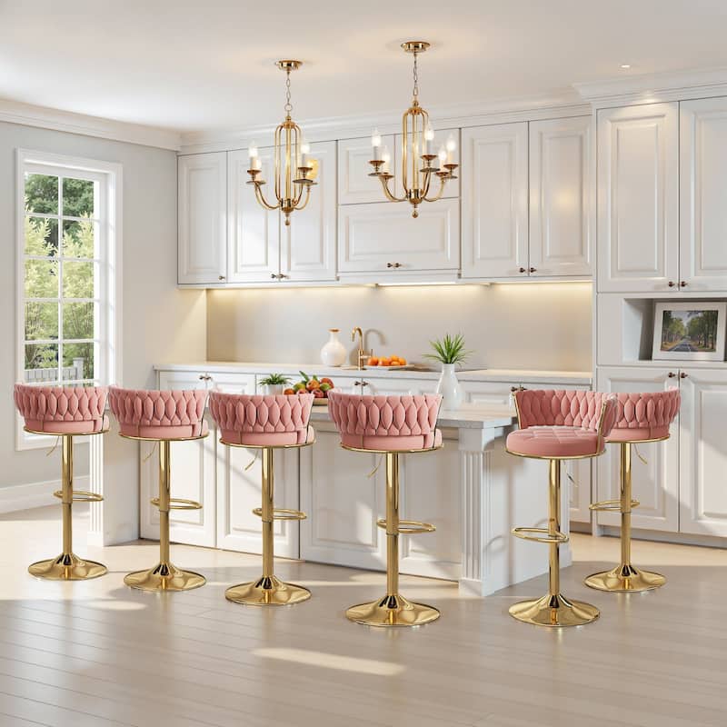 VECELO Set of 4/6 Bar Stools Adjustable Swivel with Metal Frame Modern Bar Stools with Back for Dining Room - Set of 6 - Pink/Gold
