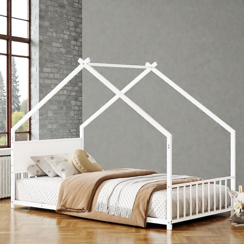 House Bed Frame with Roof & Colorful LED Lights, Metal Kids Floor Bed with Slats, Boys Girls Teens Canopy Bed, No Box Spring