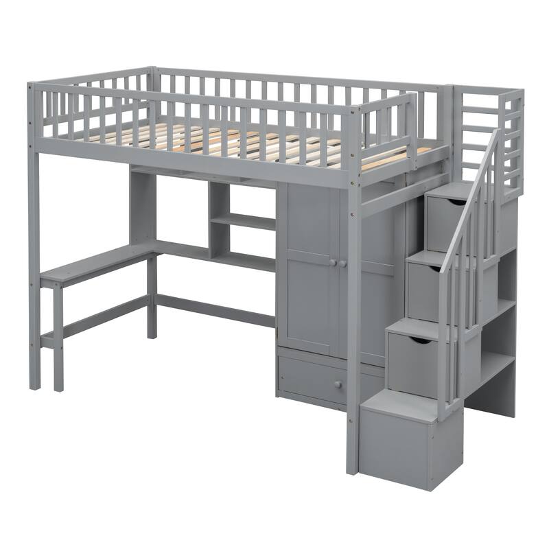 Gray Twin Size Loft Bed with Storage Stairs, Desk and Wardrobe, Stairway High LoftBed with Bookshelf & Drawers, Wooden Bedframe