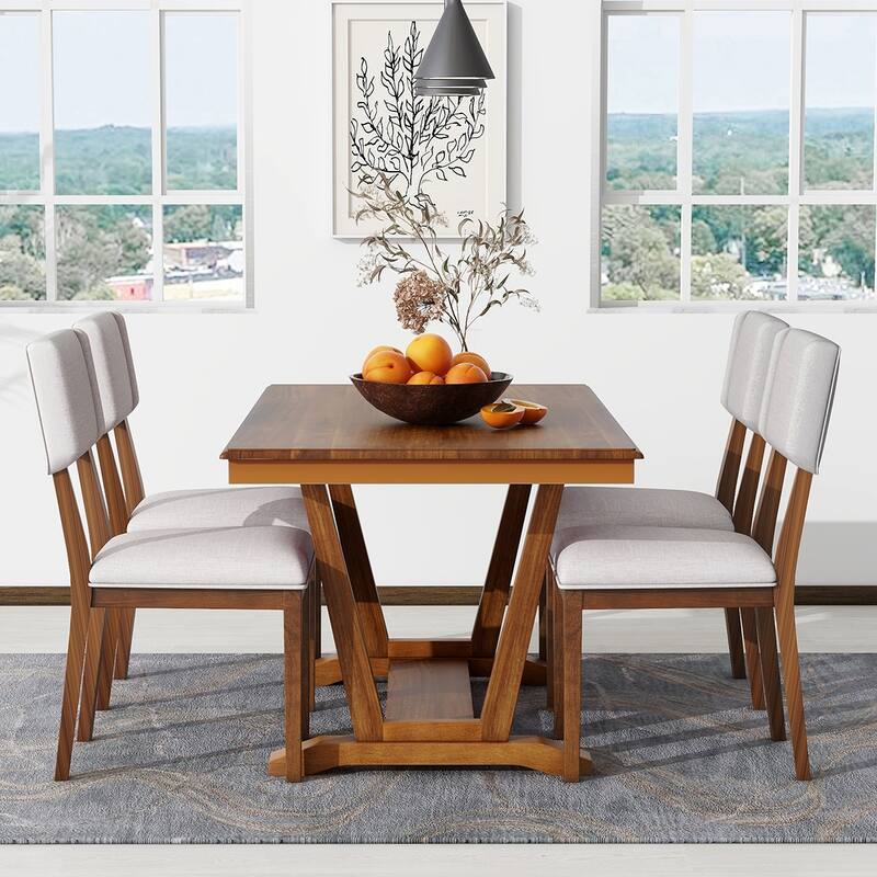 5PCS Wood Dining Table Set With 4 Chair - Walnut