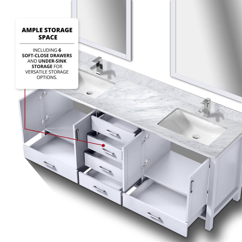 Jacques 80 in. W x 22 in. D Dark Grey Double Bath Vanity, Carrara Marble Top, Faucet Set, and 30 in. Mirrors