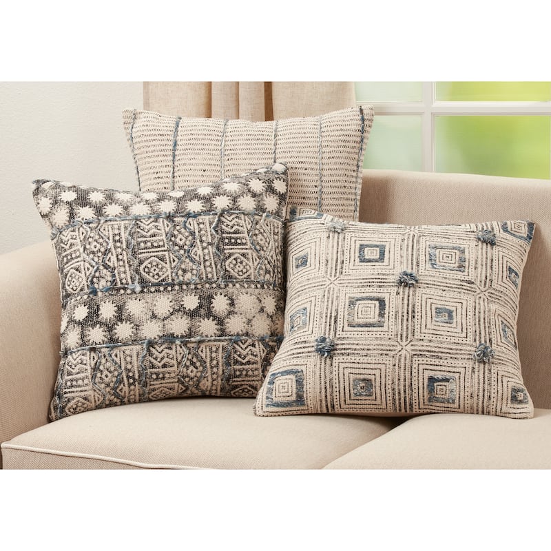 Embroidered Pillow With Squares Design - Feather Down