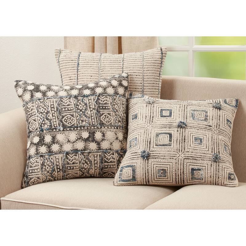 Pillow With Stripe Embroidered Block Print Design - Polyester