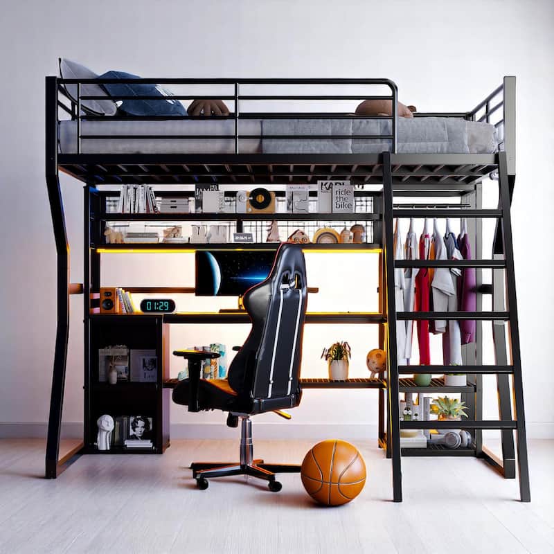 Black Full Metal Loft Bed with Workstation, LED Lights, Storage Cabinet, USB Charging & Open Closet
