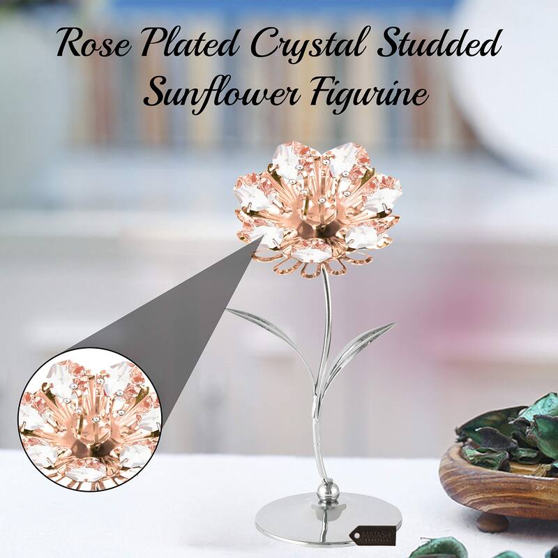 Matashi Home Decorative Tabletop Showpiece Chrome and Rose Plated Crystal Studded Sunflower Figurine Ornament - N/A