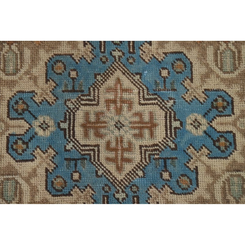 Blue Geometric Tabriz Vintage Persian Rug Hand-Knotted Wool Carpet - 6'5" x 9'4"