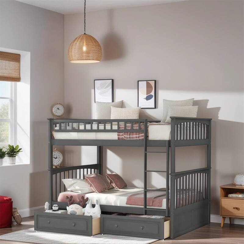 Full Over Full Wood Bunk Bed with Drawers and Guardrail