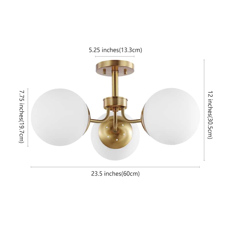 Ojai 23.5" 3-Light Bohemian Farmhouse Iron/Frosted Glass LED Semi Flush Mount, Brass Gold/White by JONATHAN Y