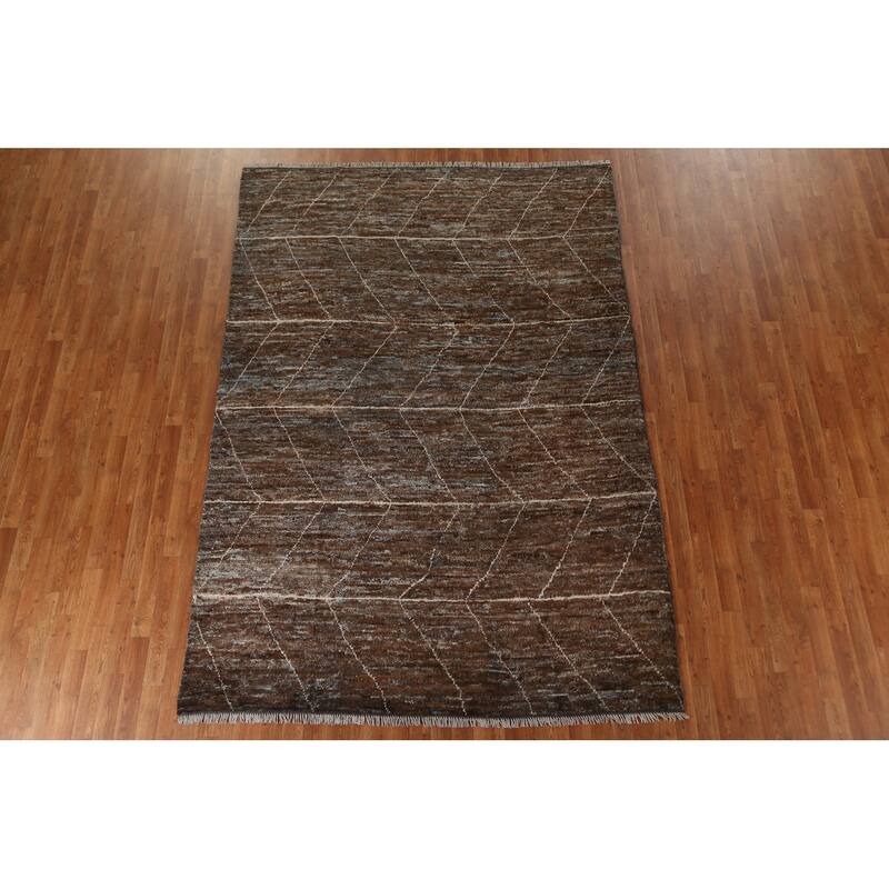 Hand Knotted Oriental 100% Wool Carpet Tribal Tribal Brown Moroccan Area Rug - 9' 7'' X 6' 7''