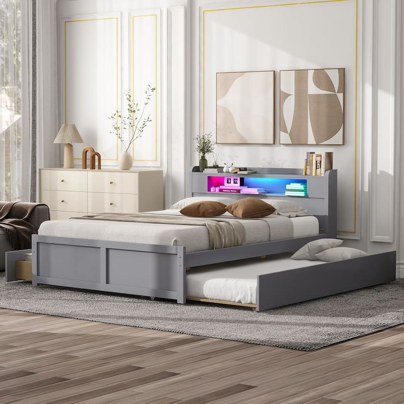 Queen Size Wood Storage Platform Bed with LED, 2 Drawers and 1 Twin Size Trundle, Gray