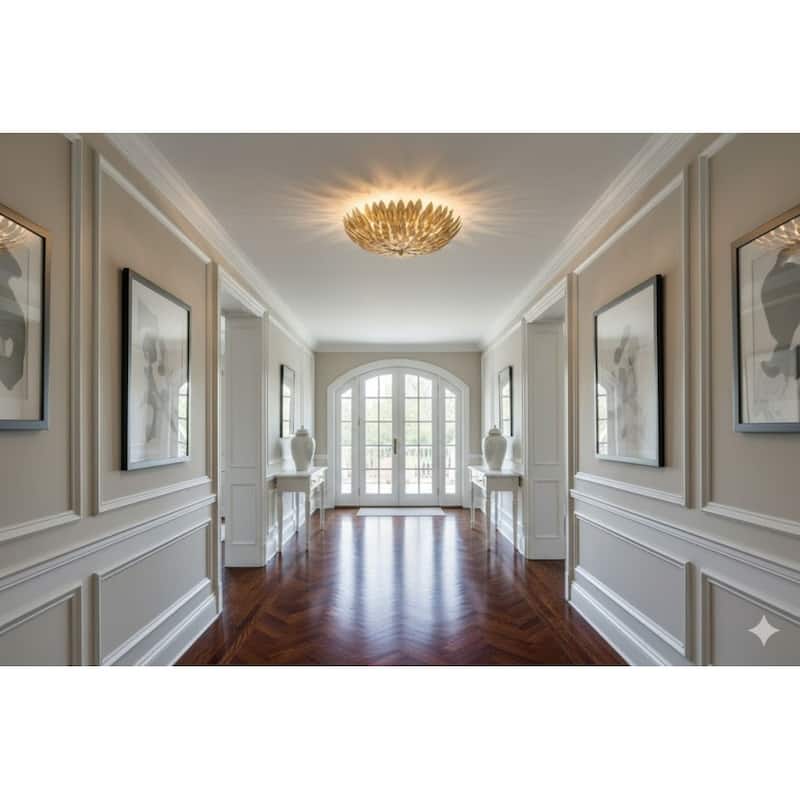 3 Light Gold Leaf Round Metal Frame Flush Mount