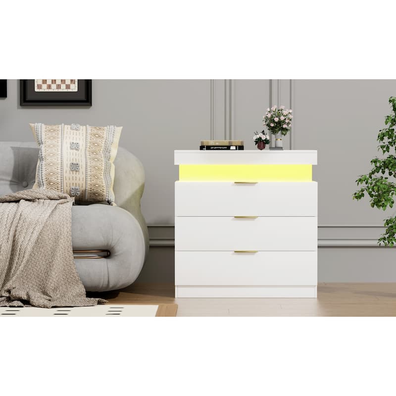 LED Lights Nightstand with Charging Station, Smart Wooden Nightstand, Storage Cabinet with Sliding Top & 3 Drawers